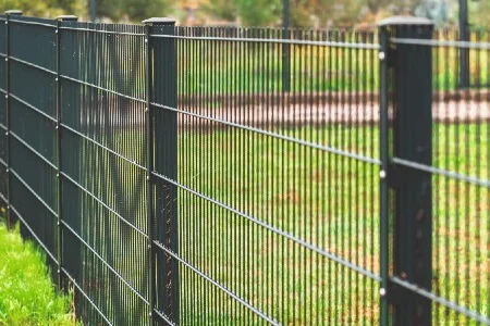 Schwarzer Metallzaun mit grünen Rasen im Hintergrund